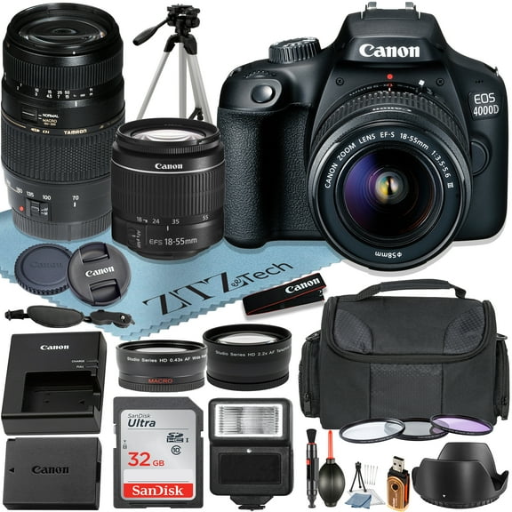 Canon EOS 4000D / Rebel T100 DSLR Camera 18MP with EF-S 18-55mm + Tamron AF 70-300mm Lens + SanDisk 32GB Memory Cards + Case + Tripod + ZeeTech Accessory Bundle (International Model)