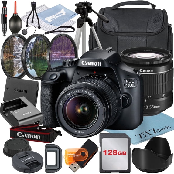 Canon EOS 4000D / Rebel T100 DSLR Camera 18MP with EF-S 18-55mm Zoom Lens + SanDisk 32GB Memory Card + Tripod + ZeeTech Accessory Bundle (International Model)
