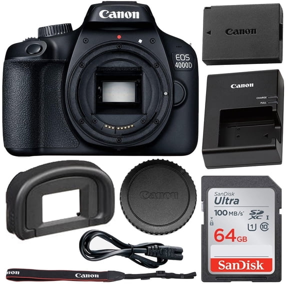 Canon EOS 4000D (Rebel T100) DSLR Camera Body Only (No Lens) with Basic Starter Bundle; Includes: SanDisk Ultra 64GB SD Card and More