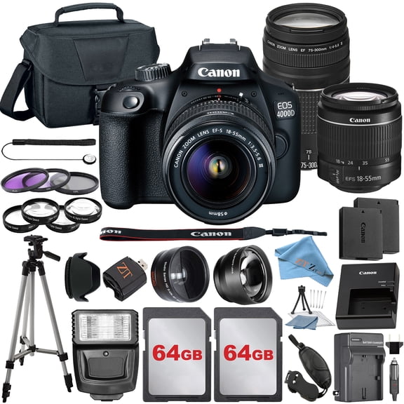 Canon EOS 4000D / Rebel T100 DSLR Camera Bundle with 18-55mm + 75-300mm Lens + 2 Pcs SanDisk 64GB Memory Cards + Tripod + Deluxe Camera Case + Flash + ZeeTech Accessory Kit (International Model)