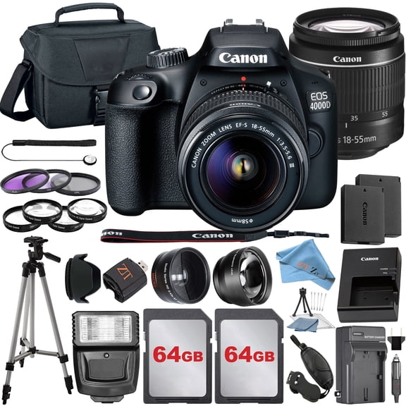 Canon EOS 4000D / Rebel T100 DSLR Camera Bundle with 18-55mm Lens + 2 Pcs SanDisk 64GB Memory Cards + Tripod + Deluxe Camera Case + Flash + ZeeTech Accessory Kit (International Model)