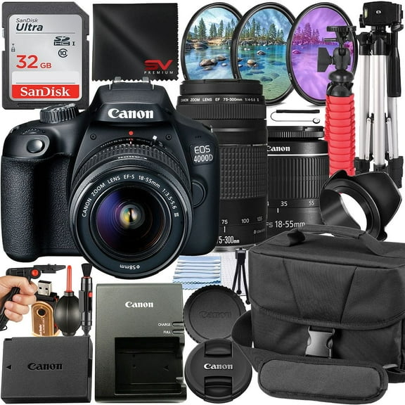 Canon EOS 4000D / Rebel T100 DSLR Camera Bundle with 18-55mm + 75-300mm Lens + 32GB SanDisk Card + Case + Filter Kit + Tripod + SV Premium Accessory