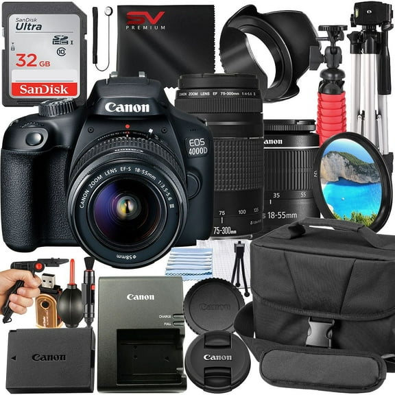 Canon EOS 4000D / Rebel T100 DSLR Camera Bundle with 18-55mm + 75-300mm Lens + 32GB SanDisk Card + Case + Tripod + SV Premium Accessory