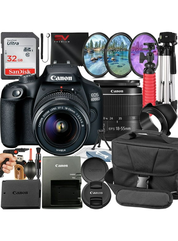 Canon EOS 4000D / Rebel T100 DSLR Camera Bundle with 18-55mm Lens + 32GB SanDisk Card + Case + Filter Kit + Tripod + SV Premium Accessory