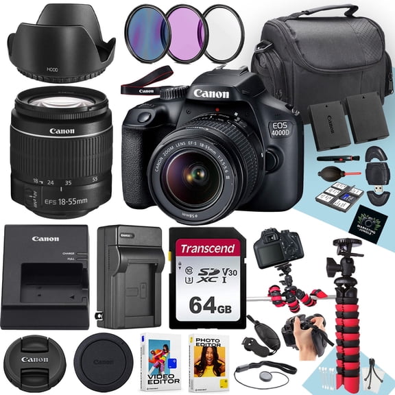 Canon EOS 4000D / Rebel T100 DSLR Camera w/ EF-S 18-55mm Lens + 64GB Card, Hood, Extra Battery, Charger, Filters, 25pc Bundle (International Version)