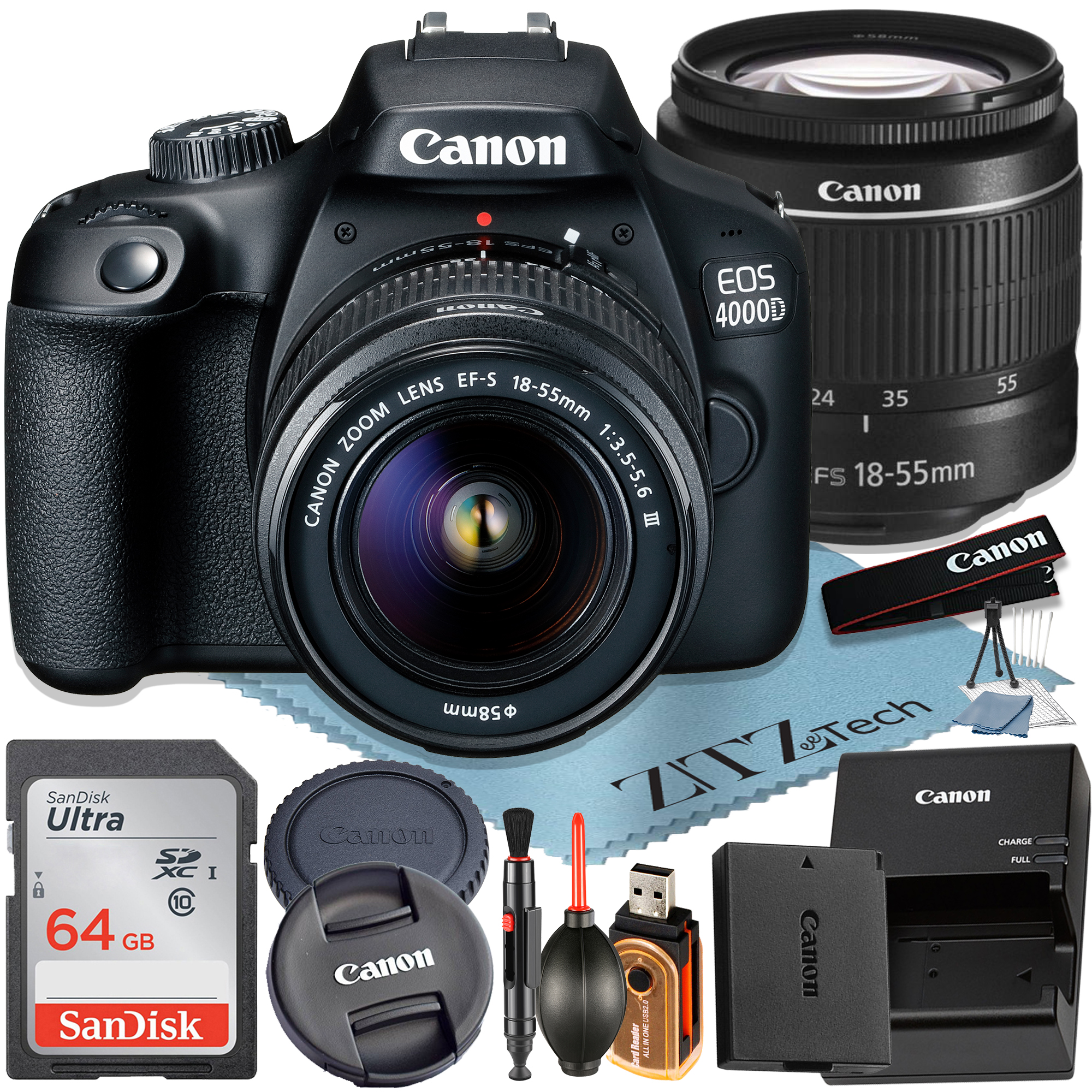 Canon EOS 4000D / Rebel T100 DSLR Camera + EF-S 18-55mm Lens + SanDisk 64GB Memory Card + ZeeTech Bundle - image 1 of 10