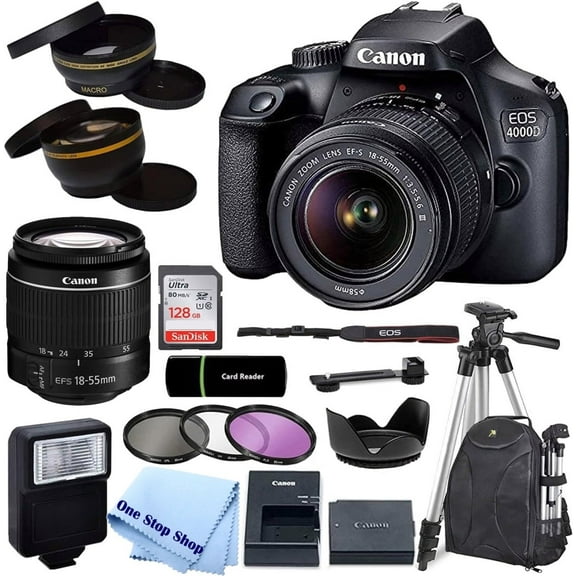 Canon EOS 4000D / Rebel T100 DSLR Camera with EF-S 18-55mm Zoom Lens + SanDisk 128GB Memory Card + Tripod + Case + Wideangle Lenses + One Stop Shop Cloth (20pc Bundle), Black