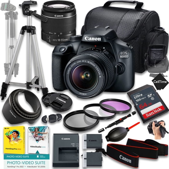 Canon EOS 4000D / Rebel T100 DSLR Camera with EF-S 18-55mm f/3.5-5.6 III Lens + 64GB Memory + Extra Battery + Camera Case + Tripod + More (19pc Bundle) (International Version)