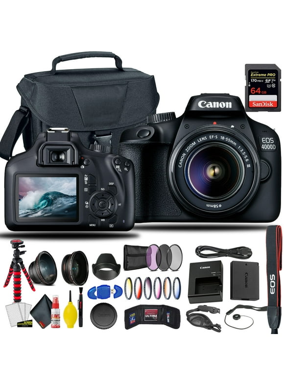 Canon EOS 4000D / Rebel T100 DSLR Camera With 18-55mm Lens + Sandisk Extreme Pro 64GB Card + Creative Filters + EOS Camera Bag + 6AVE Cleaning Set, + More (International Model)