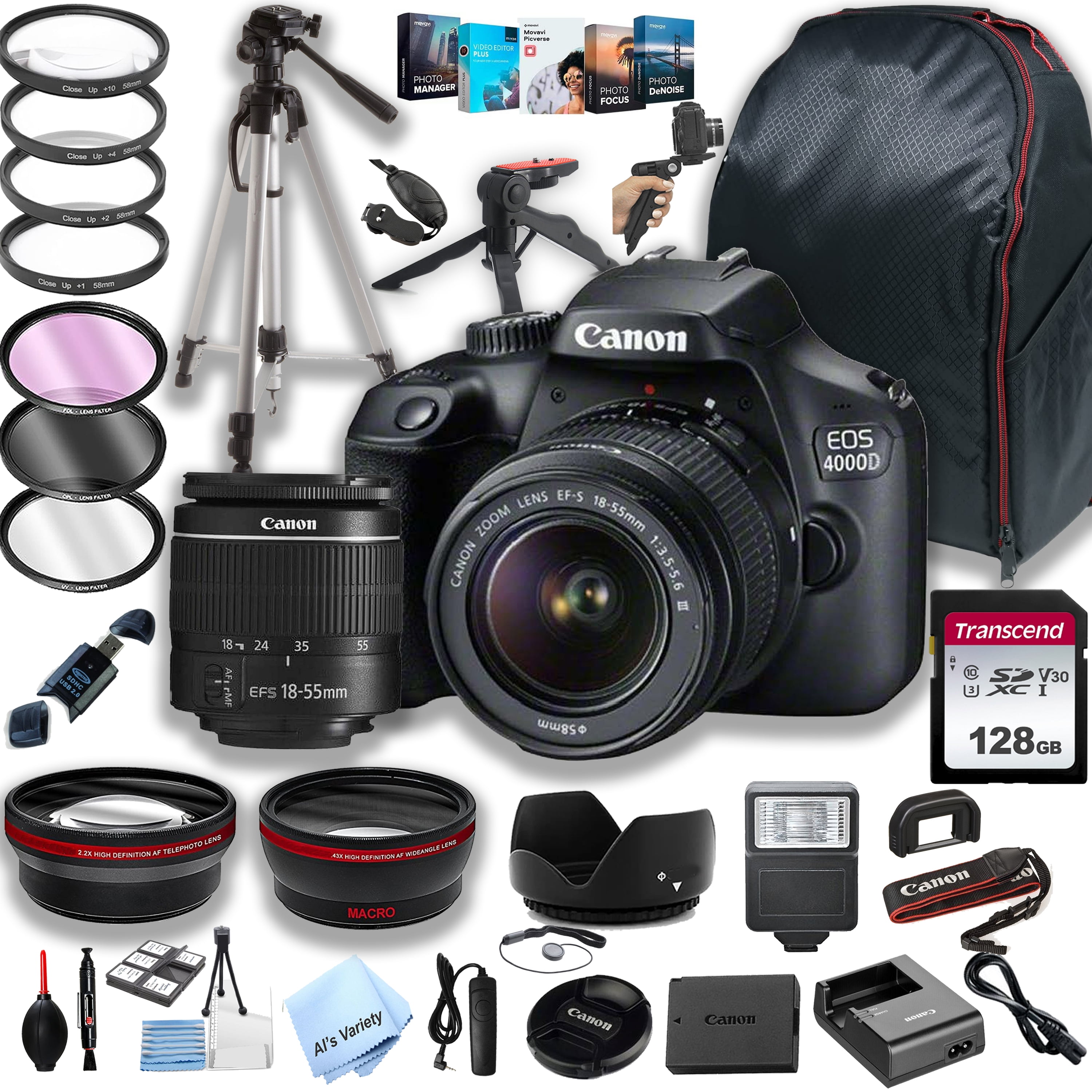 Canon EOS 4000D DSLR Camera Body Set with 1855mm Lens, 128GB Memory, Case, Tripod, Filters