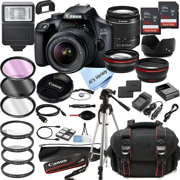 Canon EOS 4000D  Rebel T100 DSLR Camera w EF-S 18-55mm F 3.5-5.6 Zoom Lens   128GB Memory   Case   Tripod   Filters 36pc Bundle