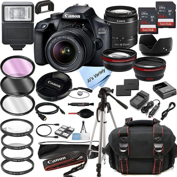 Canon EOS 4000D  Rebel T100 DSLR Camera w EF-S 18-55mm F 3.5-5.6 Zoom Lens   128GB Memory   Case   Tripod   Filters 36pc Bundle