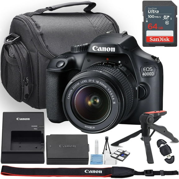 Canon EOS 4000D / Rebel T100 DSLR Camera w/EF-S 18-55mm f/3.5-5.6 III Lens + Camera Case + 64GB Memory + Deluxe Starter Kit + Hand Grip Stabilizer Tripod + More (13pc Bundle)