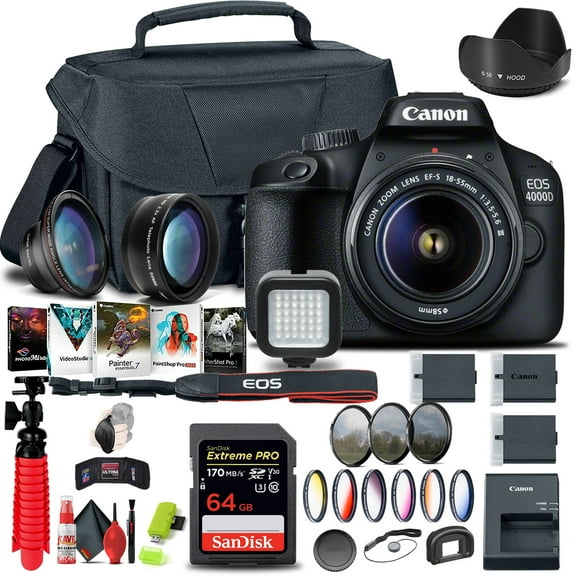 Canon EOS 4000D / Rebel T100 DSLR Camera with 18-55mm Lens + 64GB Card + More (International Version)