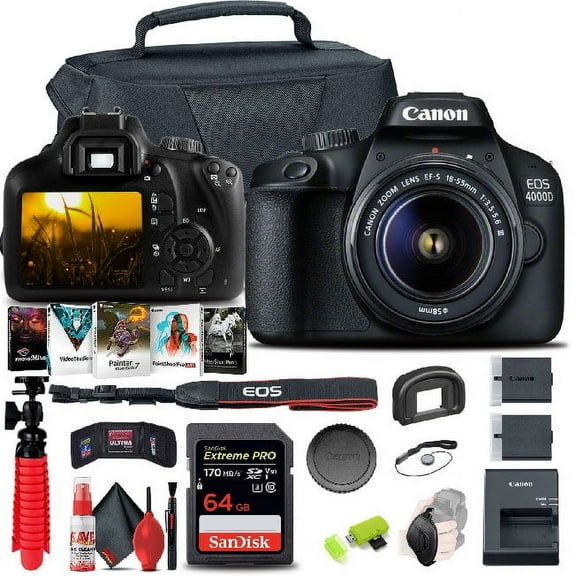 Canon EOS 4000D / Rebel T100 DSLR Camera with 18-55mm Lens + 64GB Card + More (International Version)