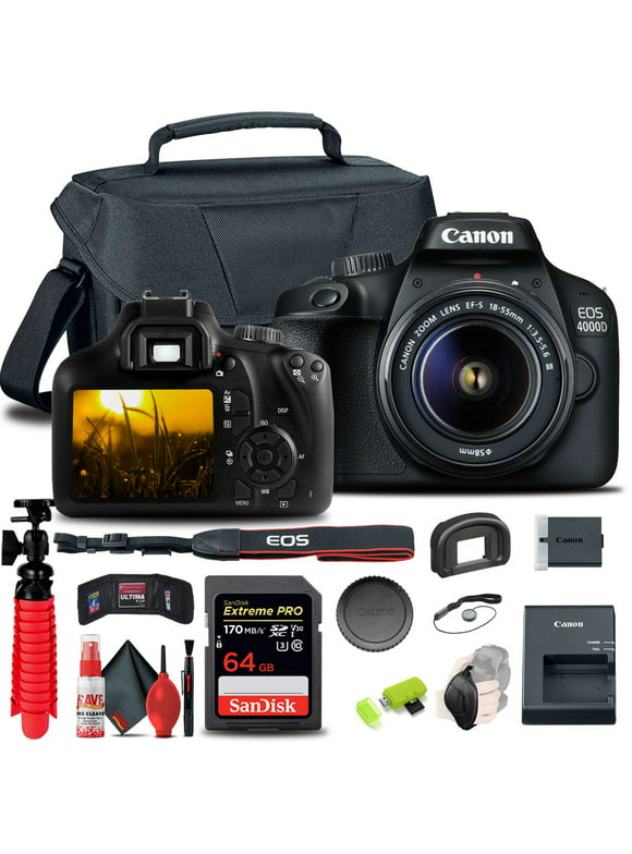 Canon EOS 4000D / Rebel T100 DSLR Camera with 18-55mm Lens + 64GB Card + More