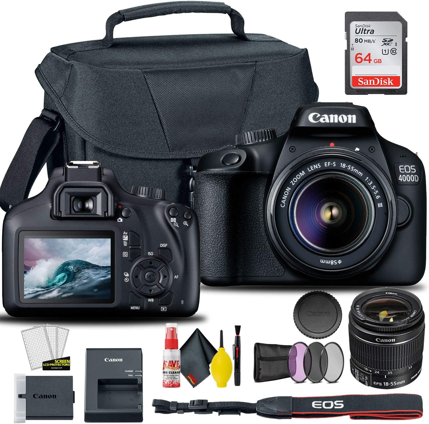 Canon EOS 4000D / Rebel T100 DSLR Camera with 18-55mm Lens, 58mm Filter Kit, International Model Photo & Video Bundle