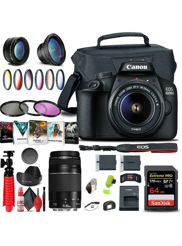 Canon EOS 4000D / Rebel T100 DSLR Camera with 18-55mm Lens + EF 75-300mm + More