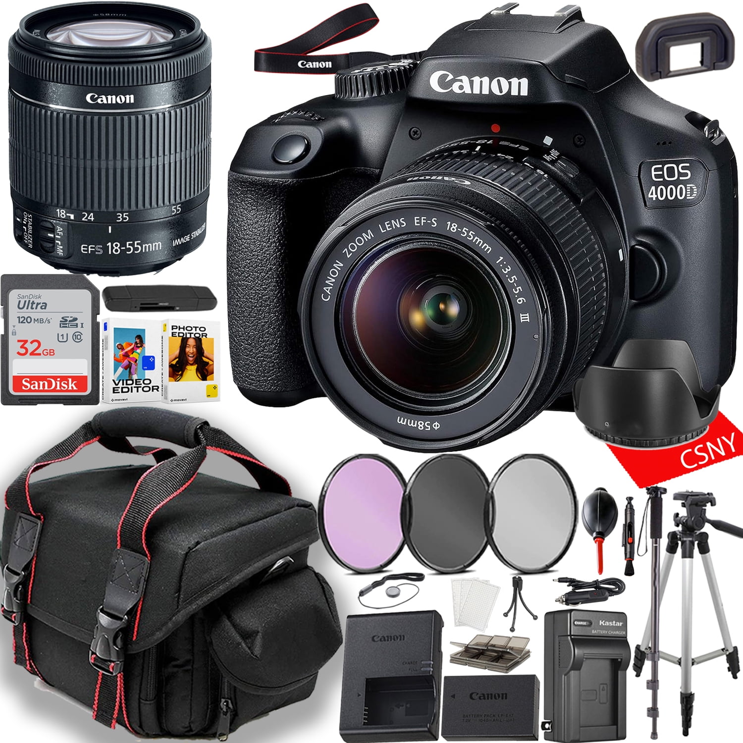Canon EOS 4000D (Rebel T100) DSLR Camera with 1855mm Lens + Monopod + Spare travel Charger