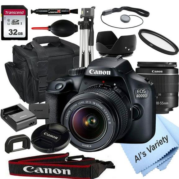 Canon EOS 4000D / Rebel T100 DSLR Camera with 18-55mm f/3.5-5.6 Zoom Lens + 32GB Card, Tripod, Case, and More 18pc Bundle