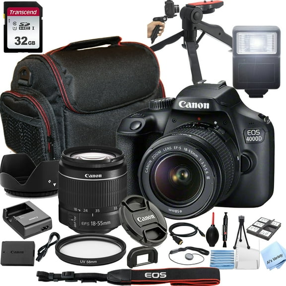 Canon EOS 4000D / Rebel T100 DSLR Camera with 18-55mm f/3.5-5.6 Zoom Lens,32GB Memory, Case,Tripod w/Hand Grip and More28pc Bundle
