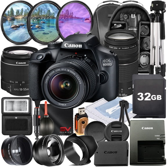 Canon EOS 4000D / Rebel T100 DSLR Camera with EF-S 18-55mm + EF 75-300mm Zoom Lens + 32GB Memory Card + SV Premium Accessory Bundle