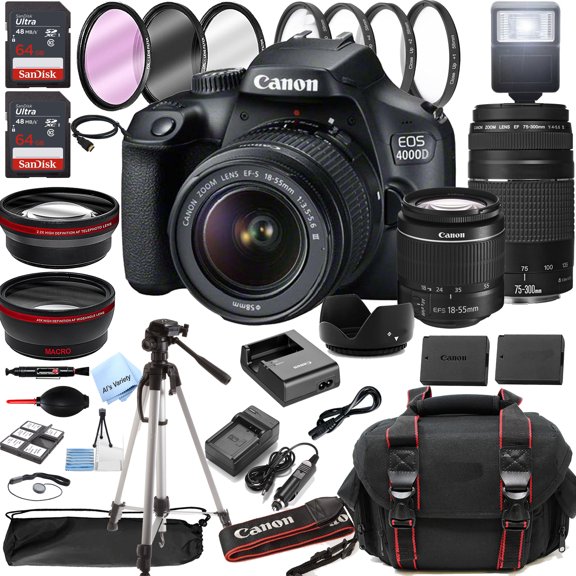 Canon EOS 4000D / Rebel T100 SLR Camera with 18-55mm Lens + 75-300mm Zoom Lens + Optics Filter Set, Camera Bag + Sandisk Ultra 128GB Memory + Al's Variety Cleaning Kit, And More