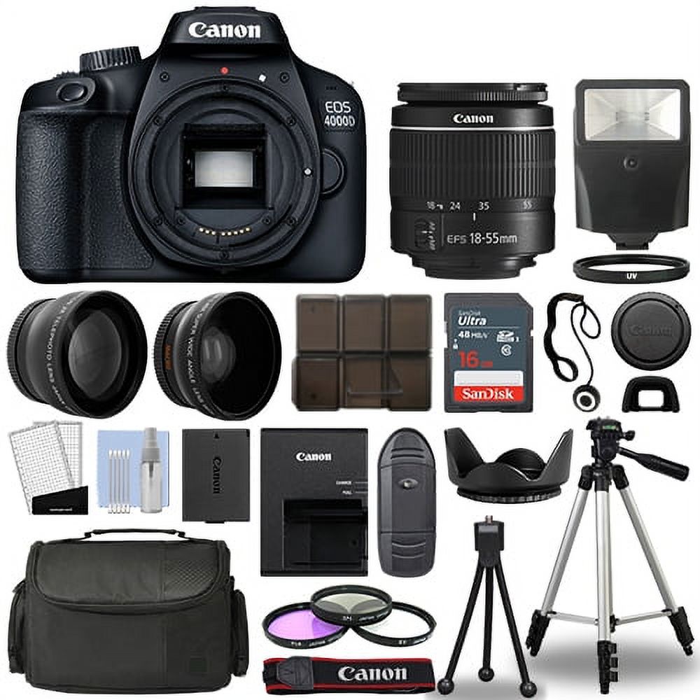 Canon EOS 4000D / Rebel T100 SLR Camera + 3 Lens Kit 18-55mm+ 16GB+ Flash & More - image 1 of 9