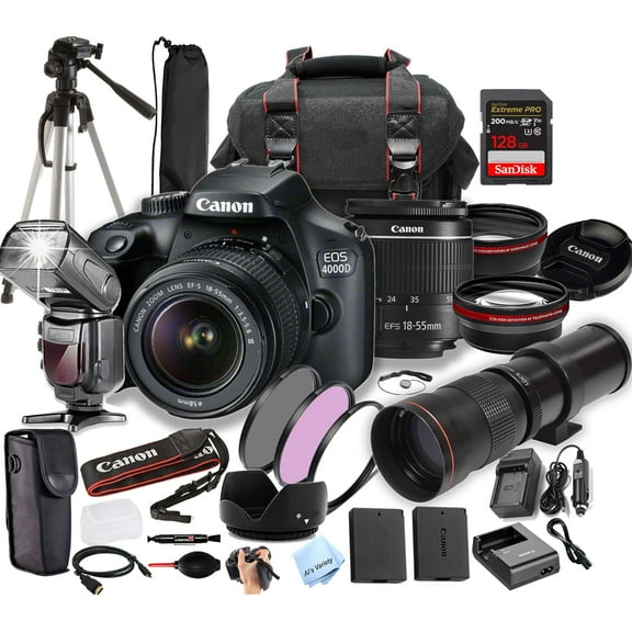 Canon EOS 4000D (Rebel T100) w/EF-S 18-55mm + 420-800mm Super Telephoto Lens + 128GB Extreme Speed Card, and More