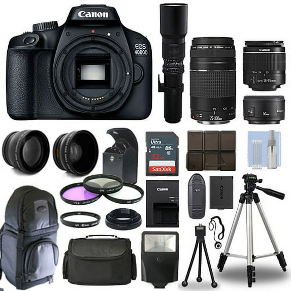 Canon EOS 4000D / T100 SLR + 6 Lens 18-55mm, 70-300mm, 50mm, 500mm+ 32GB PRO KIT