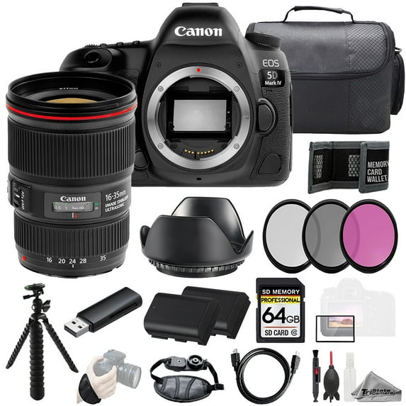 Canon EOS 5D IV Camera + EF 16-35mm f/4L IS USM Lens +64GB + Ext Bat+ 3 PC Filter- Kit (International Version)
