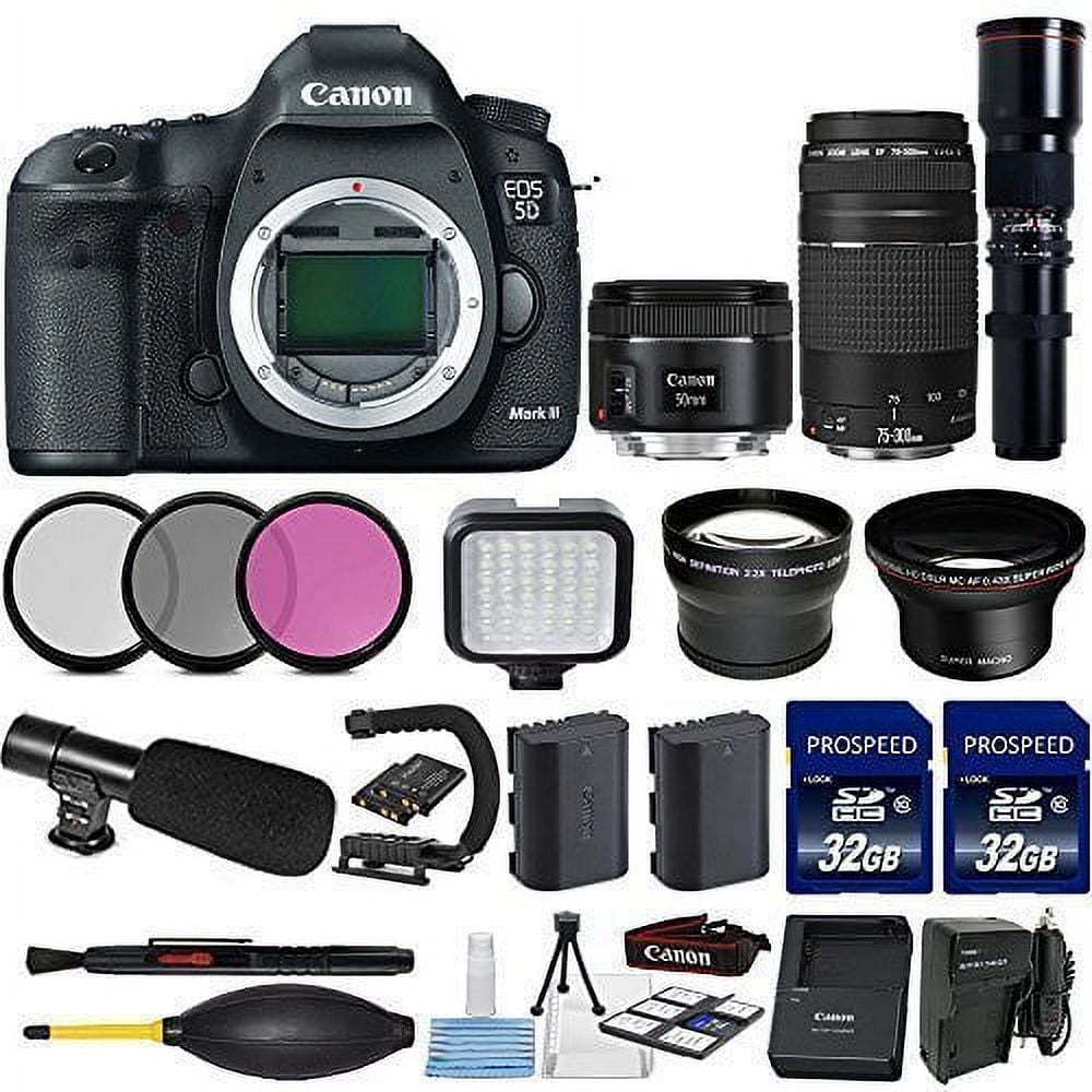 Canon EOS 5D Mark III 22.3 MP Full Frame CMOS with Canon EF 50mm f/1.8 STM  Lens + Canon 75-300mm Zoom Lens + 500mm Preset Telephoto Lens + 2pc 