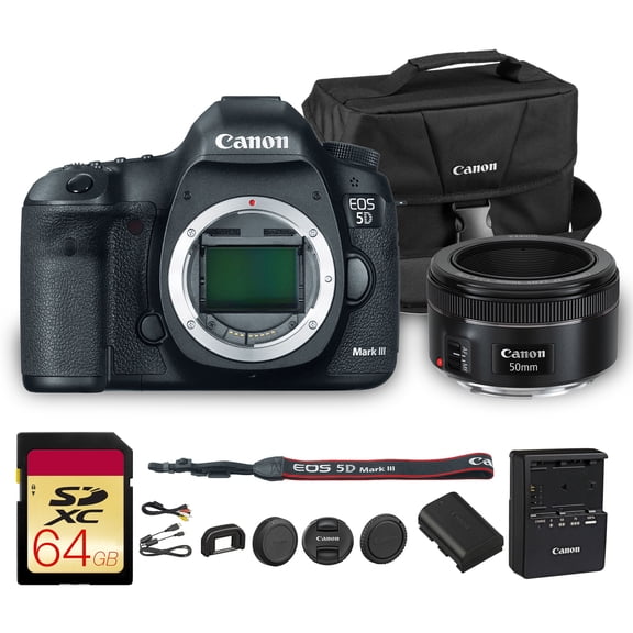 Canon EOS 5D Mark III DSLR Camera | 22.3MP Full-Frame CMOS Sensor, DIGIC 5+ Processor & Full HD Video | Great for Weddings, Portraits & Events (5260B002) + Canon EF 50mm f/1.8 STM Lens + Bag + More