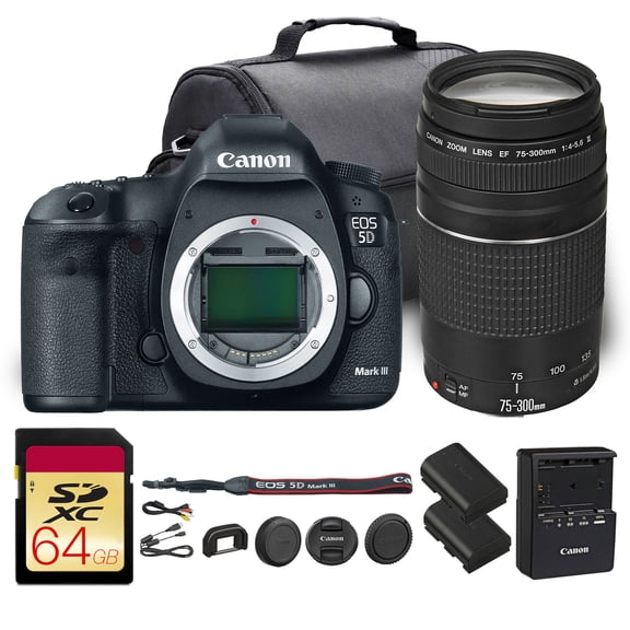 Canon EOS 5D Mark III DSLR Camera | 22.3MP Full-Frame CMOS Sensor, DIGIC 5+ Processor & HD Video | For Weddings, Portraits & Events (5260B002) + Canon EF 75-300mm f/4-5.6 III Lens + 64GB Card + More