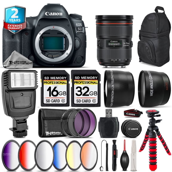 Canon EOS 5D Mark IV Camera + 24-70mm f/2.8L II + Slave Flash + 9PC Filter +48GB (International Version)