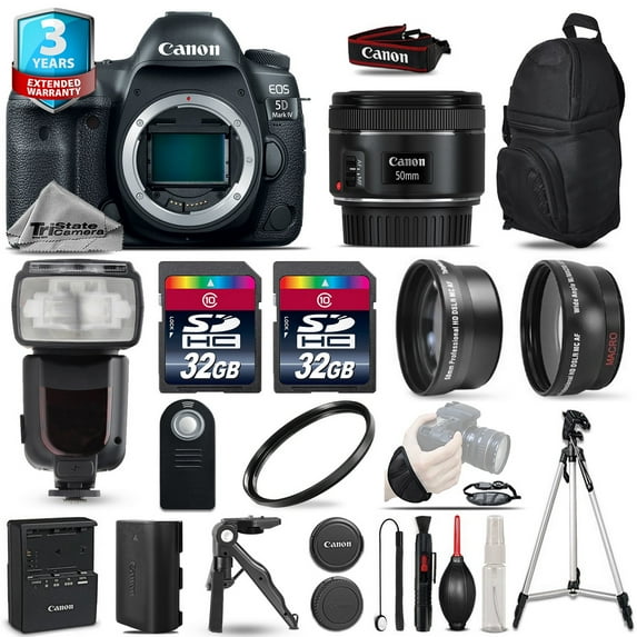 Canon EOS 5D Mark IV Camera + 50mm 1.8 - 3 Lens Kit + Flash + 64GB + yr Warranty (International Version)