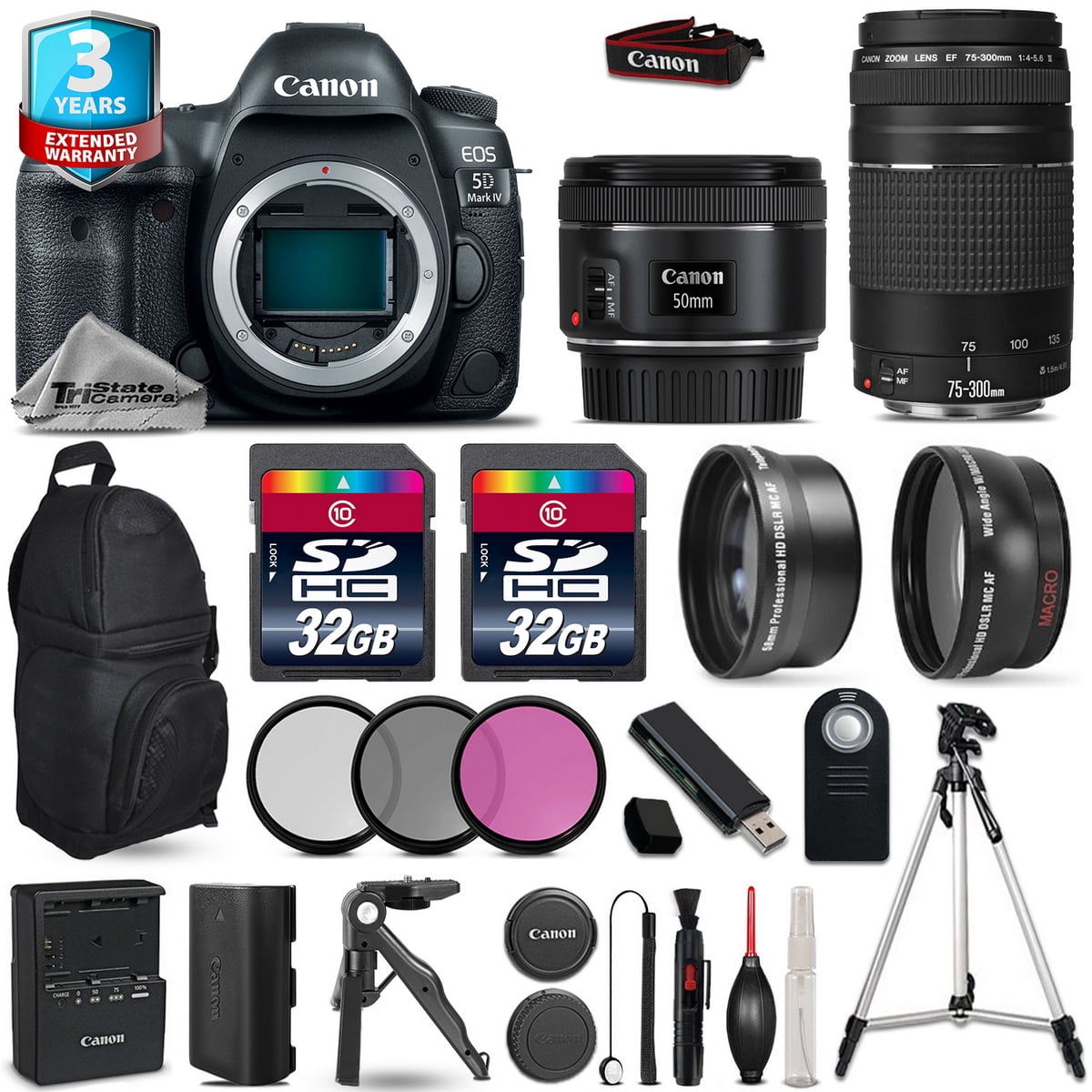 Canon EOS 5D Mark IV Camera + 50mm 1.8 + 75-300mm III + 3PC Filter +2yr Warranty (International Version)