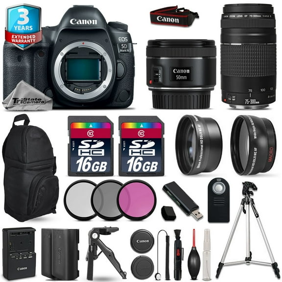 Canon EOS 5D Mark IV Camera + 50mm + 75-300mm + EXT BATT + 32GB + 2yr Warranty (International Version)