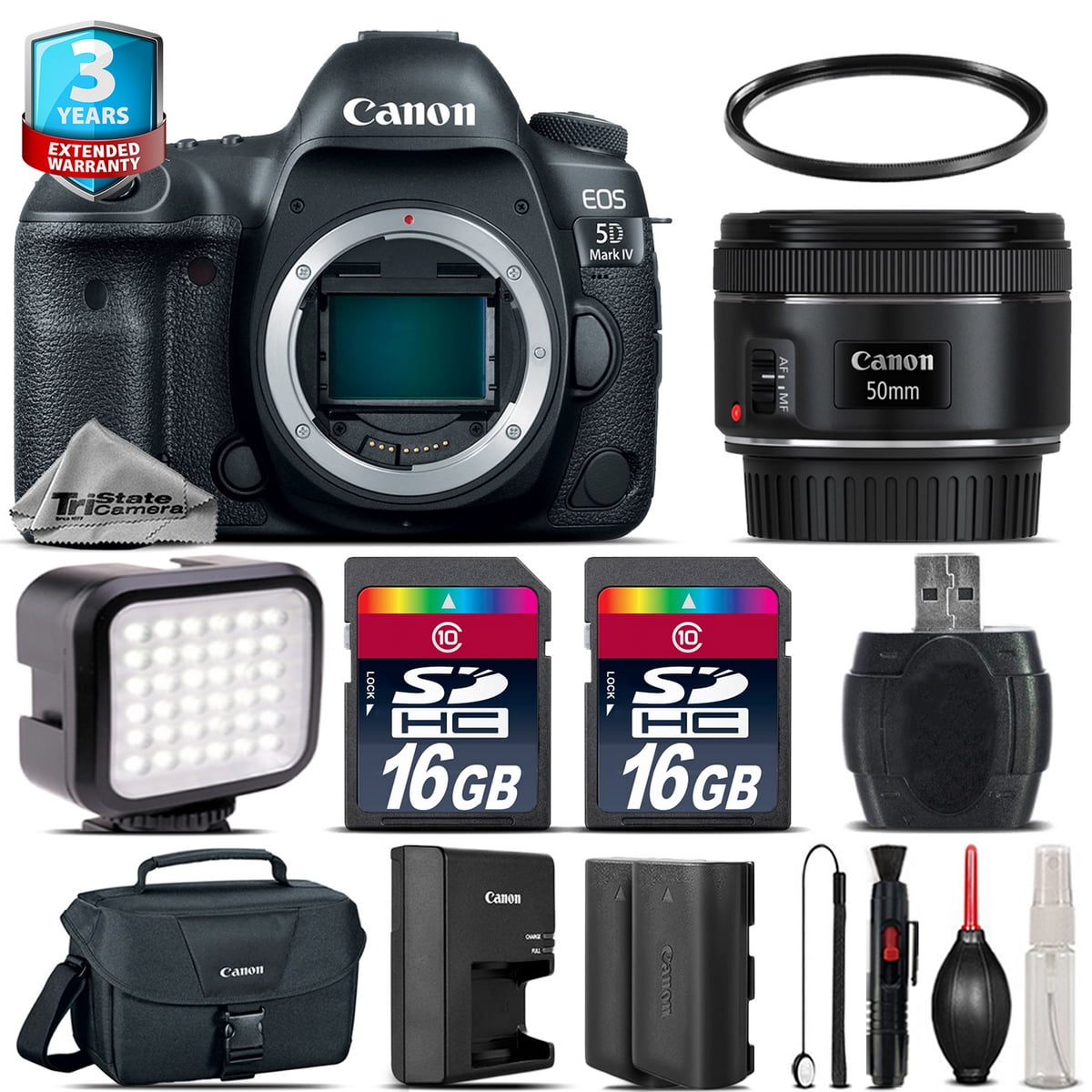 Canon EOS 5D Mark IV Camera + 50mm + LED + CASE + EXT BAT +32GB +