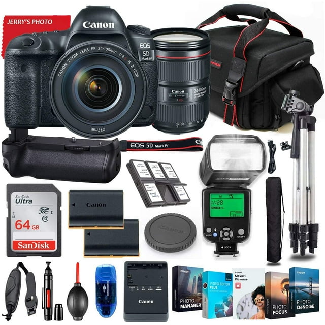 Canon EOS 5D Mark IV DSLR Camera with 24-105mm USM Lens Bundle + Battery Grip + Premium Accessory Bundle Including 64GB Memory, Extra Battery, Filters, Photo/Video Software Package, Bag & More