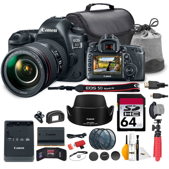 Canon EOS 5D Mark IV DSLR Camera with 24-105mm f/4L IS II USM Lens Bundle | 30.4MP Full-Frame Sensor, Dual Pixel AF & 4K Video | For Events & Pro Photography (1483C010) + 64GB Card + Bag + More