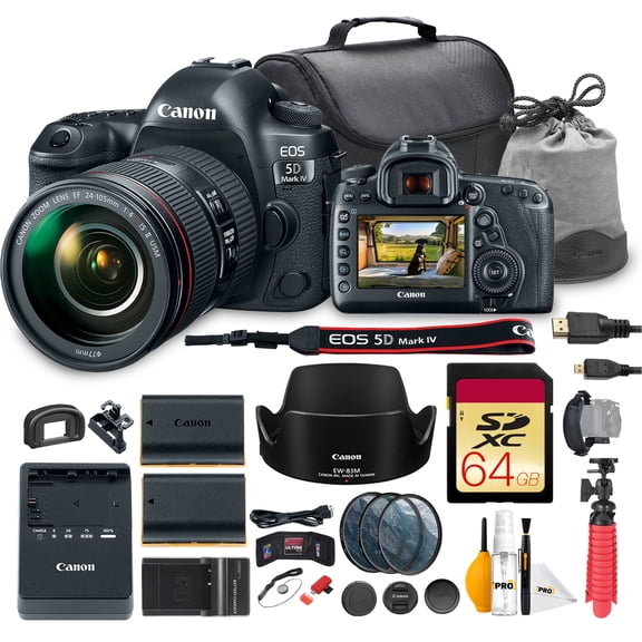 Canon EOS 5D Mark IV DSLR Camera with 24-105mm f/4L IS II USM Lens Bundle | 30.4MP Sensor, Dual Pixel AF & 4K Video | For Events & Pro Photography (1483C010) + 64GB Card + Battery + Charger + More