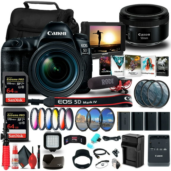 Canon EOS 5D Mark IV DSLR Camera with 24-70mm F4L Lens 1483C018 4K Monitor Canon EF 50mm Lens Pro Mic 2 x 64GB Memory Card Color Filter Kit Filter Kit 3 x LPE6 Battery International Model