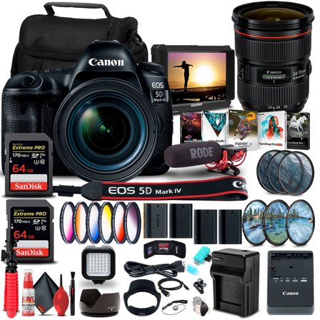 Canon EOS 5D Mark IV DSLR Camera with 24-70mm F4L Lens 1483C018 Canon EF 24-70mm F2.8L II USM Lens 5175B002 4K Monitor Pro Mic 2 x 64GB Memory Card Color Filter Kit International Model