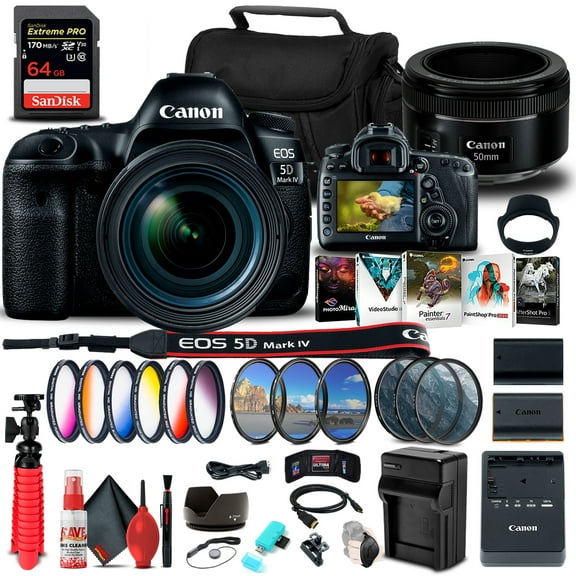 Canon EOS 5D Mark IV DSLR Camera with 24-70mm F4L Lens 1483C018 Canon EF 50mm Lens 64GB Memory Card Color Filter Kit Filter Kit LPE6 Battery External Charger Card Reader International Model