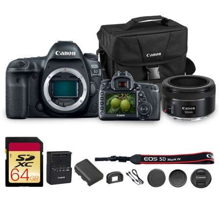 Canon EOS 5D Mark IV DSLR Camera 30.4MP Full Frame with 4K Video, Dual Pixel AF, Wi-Fi, GPS | Pro Photography Camera for Portraits, Landscapes, and Video + Canon 50mm f/1.8 Lens + Bag + 64GB Card