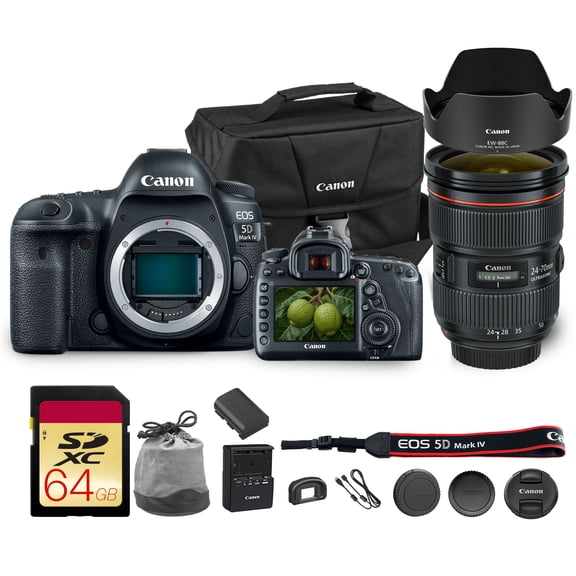 Canon EOS 5D Mark IV DSLR Camera 30.4MP Full Frame with 4K Video, Dual Pixel AF, Wi-Fi, GPS | Pro Photography Camera for Portraits, Landscapes, and Video + Canon EF 24-70mm Lens + Bag + 64GB Card
