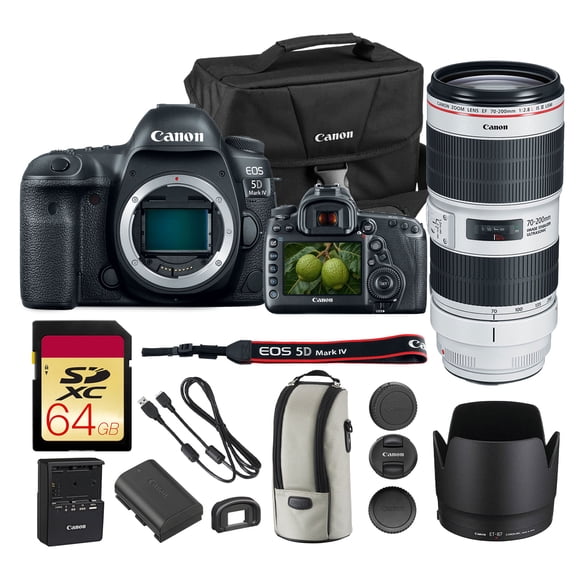 Canon EOS 5D Mark IV DSLR Camera 30.4MP Full Frame with 4K Video, Dual Pixel AF, Wi-Fi, GPS | Pro Photography Camera for Portraits, Landscapes, and Video + Canon EF 70-200mm f/2.8L Lens + Bag + More