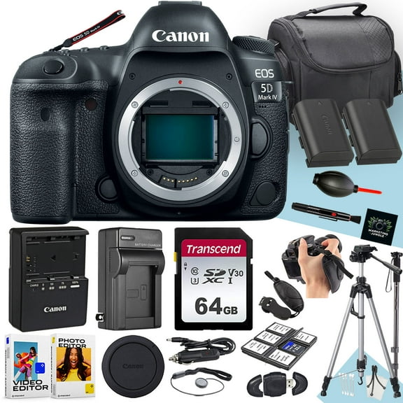 Canon EOS 5D Mark IV DSLR Camera (Body Only) + 64 GB Memory + Tripod + Monopod + Extra Battery + More (23pc Bundle)
