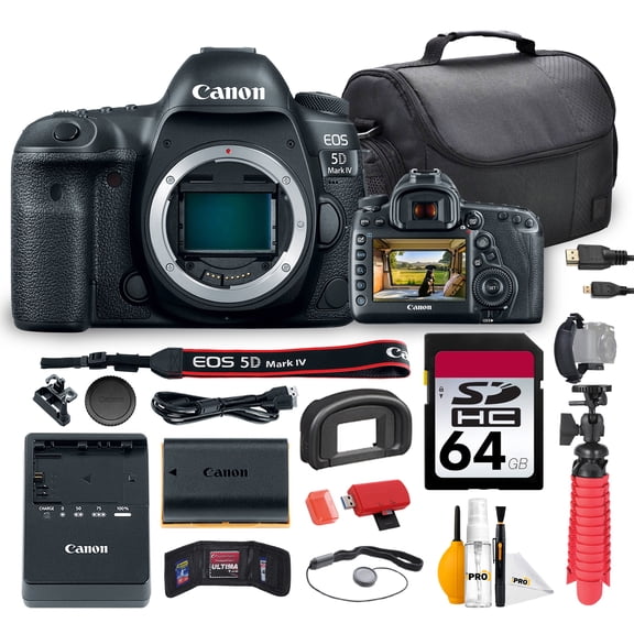 Canon EOS 5D Mark IV DSLR Camera Bundle | 30.4MP Full-Frame CMOS Sensor, Dual Pixel AF & 4K Video | For Pro Photography, Weddings, Portraits & Events (1483C002) + 64GB Card + Bag + Card Reader + More
